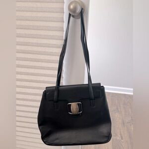 Salvatore Ferragamo Black Leather Shoulder Bag with Metallic Accent